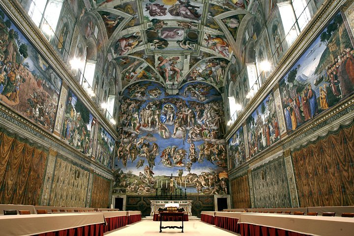 The frescoed interior of the Sistine Chapel