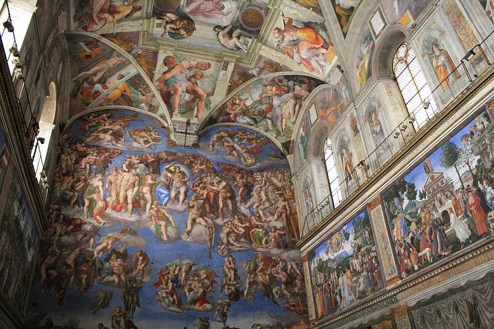 Frescoes on the ceiling and altar wall of the Sistine Chapel